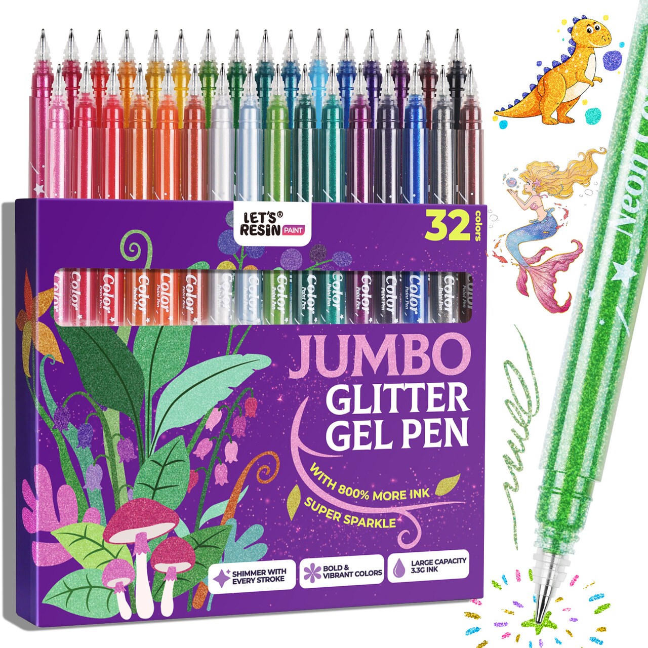 LET'S RESIN PAINT Jumbo Glitter Gel Pen Set, Metallic Shimmer Glitter Pens for Adult Coloring Books, Scrapbooking, Greeting Cards, DIY Crafts ,Capped Sparkly Pens, Non-Toxic & Smooth